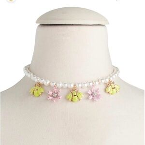 Betsey Johnson Pearl Choker Necklace with Floral and Bee Charms. NWT.